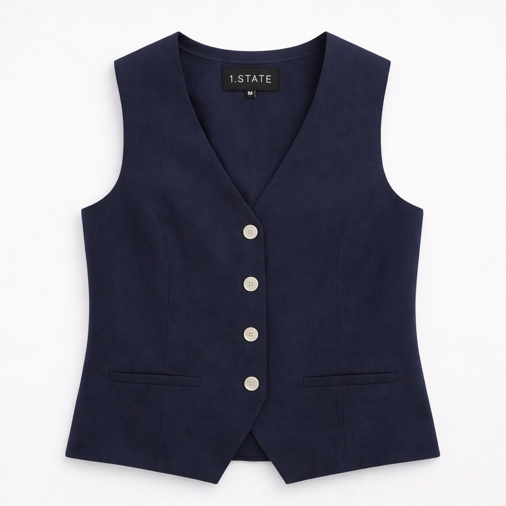 NWOT 1STATE Buisness Casual Office Old Money Navy Blue Button-Up Vest Small XS
